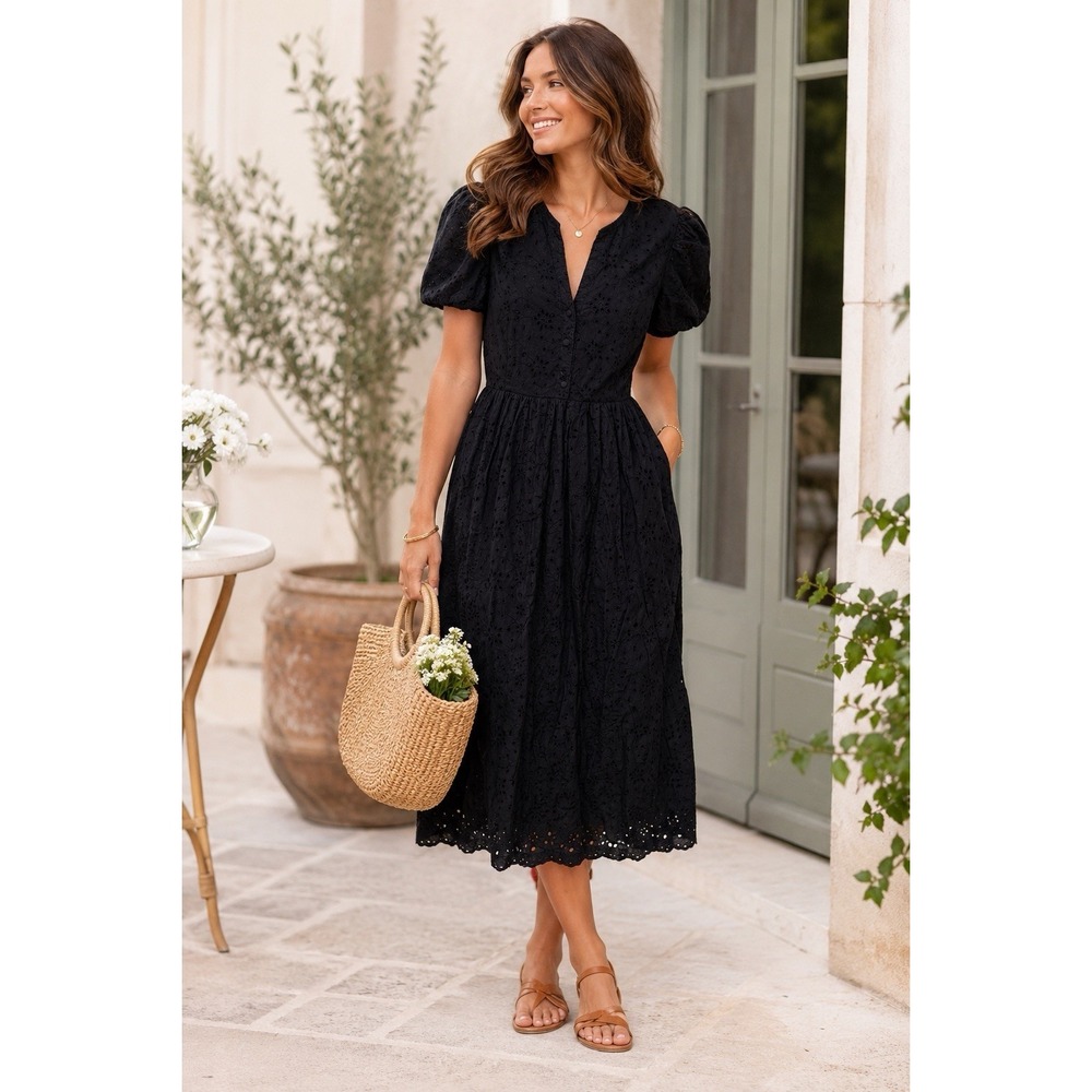J. Crew Eyelet Dress 10 Black Cotton Puff‎ Sleeve Lined Midi Button Front Flare